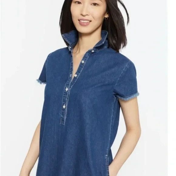 J McLaughlin Jones Denim Shift Dress Blue Raw Fringe Hem Trim Casual - Picture 2 of 12